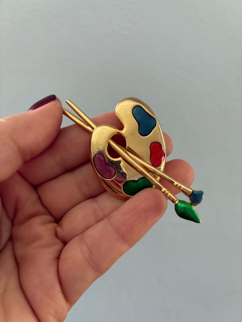 Gold Tone Artist Palette Brooch with Multicolor Enamel Paints